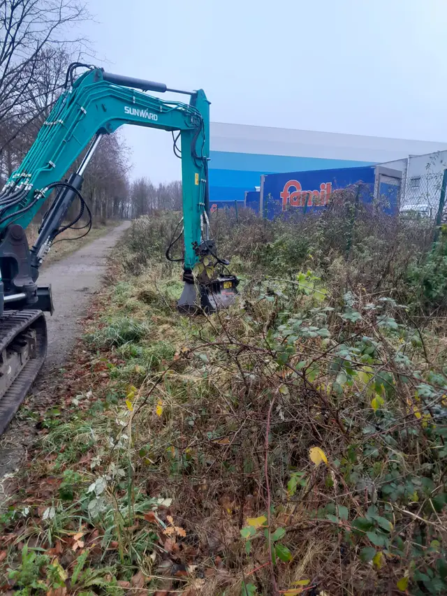 Kettenbagger mit Anbaugerät räumt Gestrüpp neben einem Weg frei